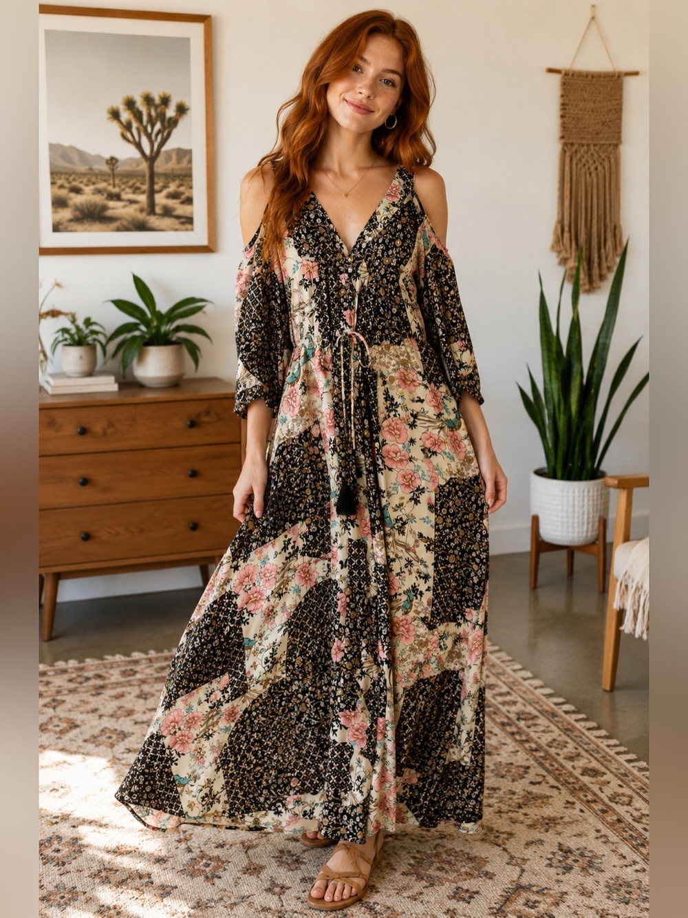 NWT Karma Highway Boho Patchwork Floral Cold Shoulder Maxi Dress OS Festival
